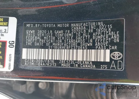 2015 Toyota Corolla Le z USA, uszkodzony, nr VIN 2T1BURHE8FC370645